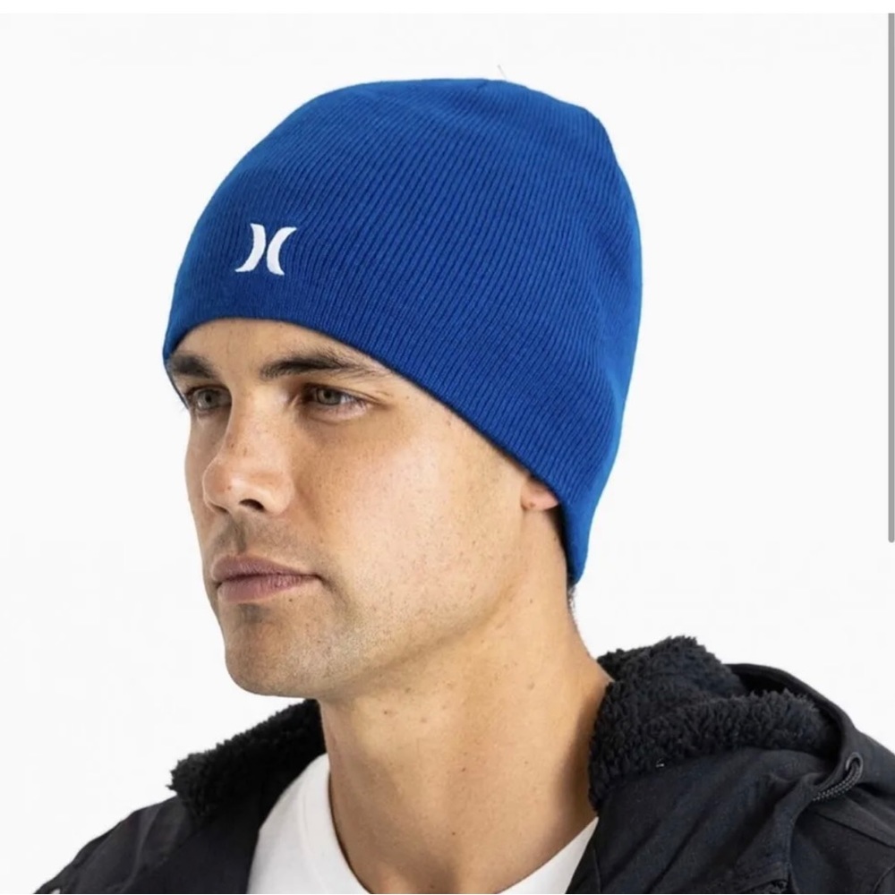NWT HURLEY Icon Staples Beanie Hat Solid Blue Knit Embroidered Logo Men’s O/S